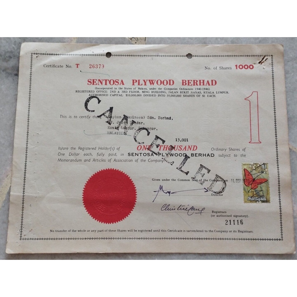 Malaysia 1978 Sentosa Plywood Berhad Share Certificate with 1v ...