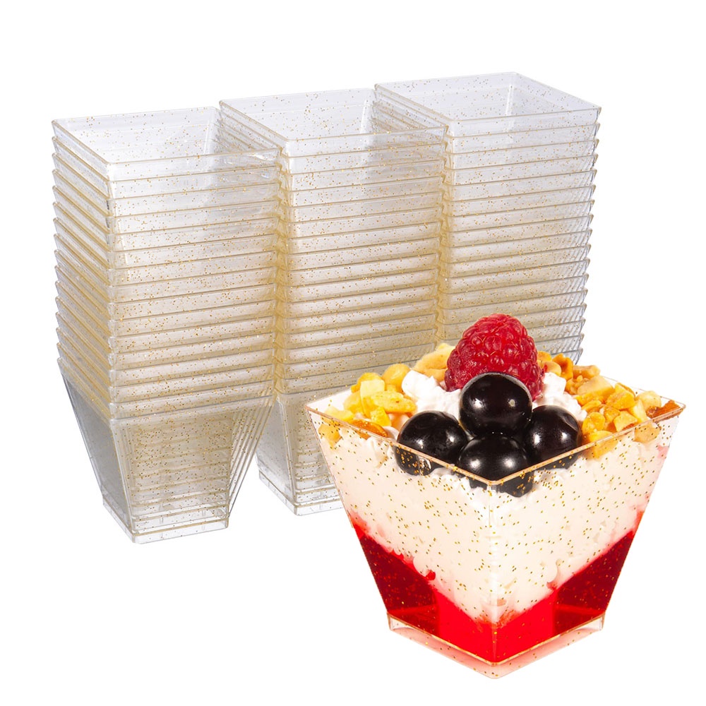 25pcs Square Mini Dessert Cups Gold Glitter Clear Plastic Parfait Appetizer Cup Small Reusable