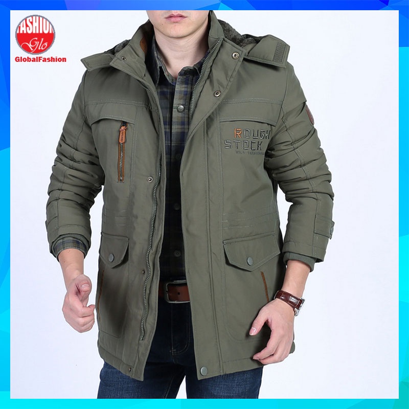 khaki men outdoor warm winter thick jacket hooded coat jacket with zipper  pocket 