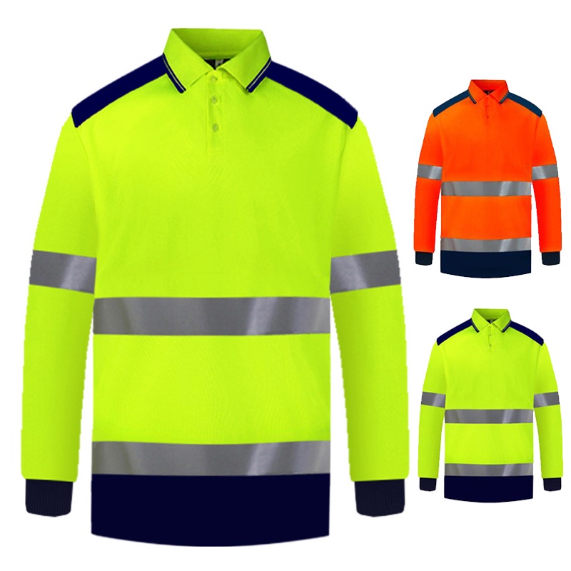 Two Tone Long Sleeve Safety Polo Shirt Orange and Yellow with Navy ...