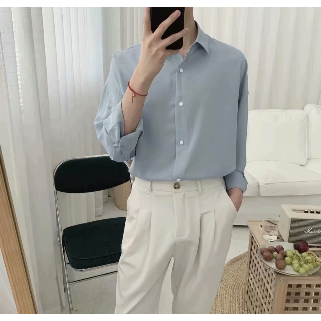 5 Colors【M-XXL】Korean men's casual shirts Solid color shirt Drape ...