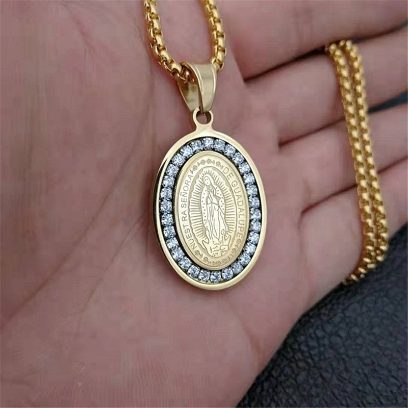 Religious Stainless Steel Virgin Mary Pendant Necklace Women's Crystal ...