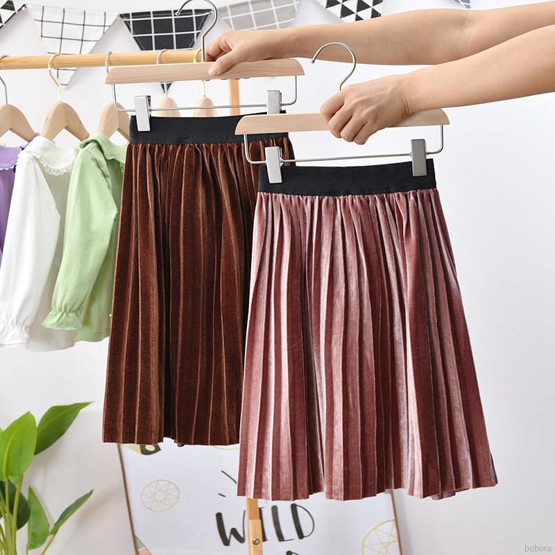 BOBORA Children Skirt Girls Velvet Skirt Long Paragraph Pleat Skirt