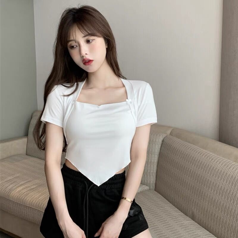 Irregular Xiaoxiang Style Sexy Tight Top Ladies Summer Square Neck Pure ...