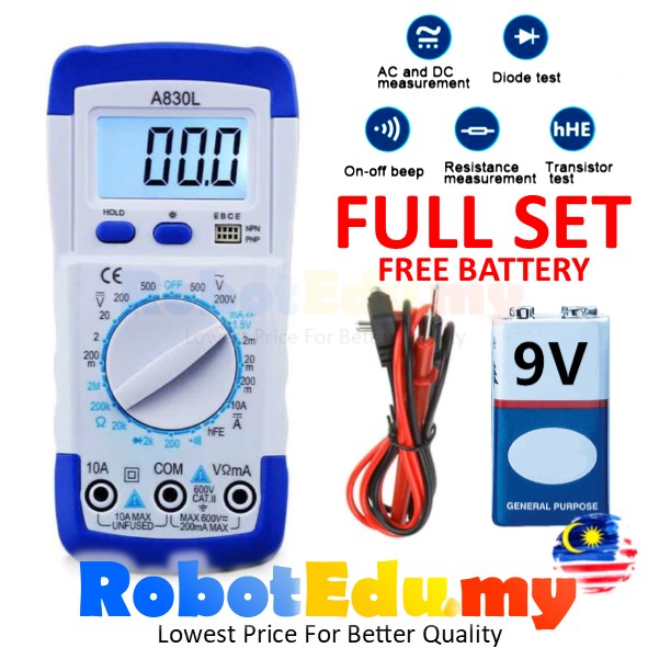 🔋FREE 9V BATTERY - LCD Digital Multimeter A830L DC AC Current Ampere Voltage Resistant Tester Checker Ammeter Voltmeter