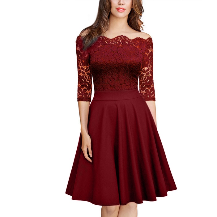 Lace Paneled Half Sleeve Off-shoulder A-line Midi Dresses | Shopee Malaysia