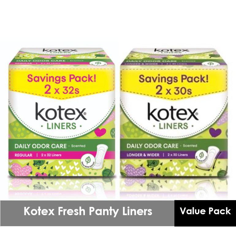 Kotex Fresh Panty Liners Regular 2 x 32's / Longer & Wider 2 x 30's