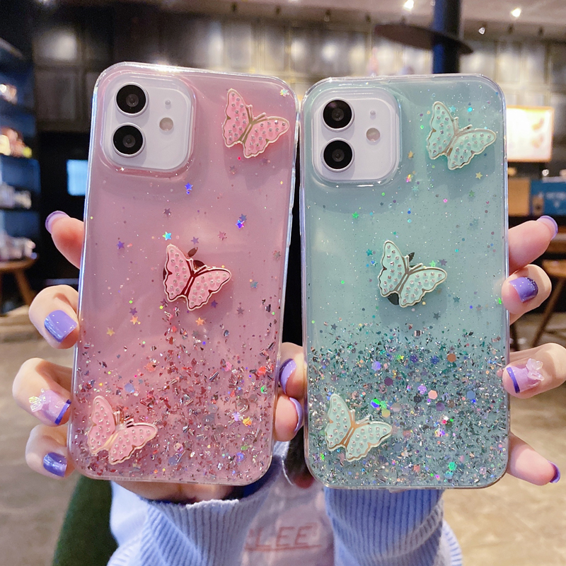 Clear Glitter Phone Case With butterfly stickers For Xiaomi 9 CC9