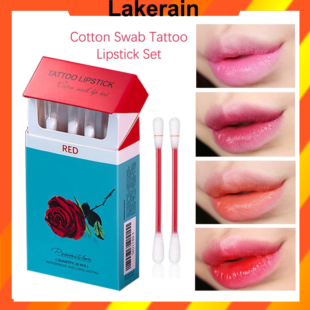 Lakerain 20pcs Tattoo Lipstick Matte Cotton Swab Lipstick Portable Waterproof Liquid Non Stick