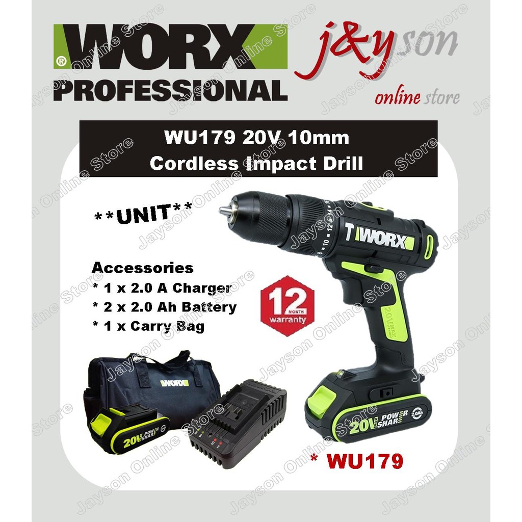 WORX Original WU179 20V 10mm Li ion Cordless Impact Drill Shopee