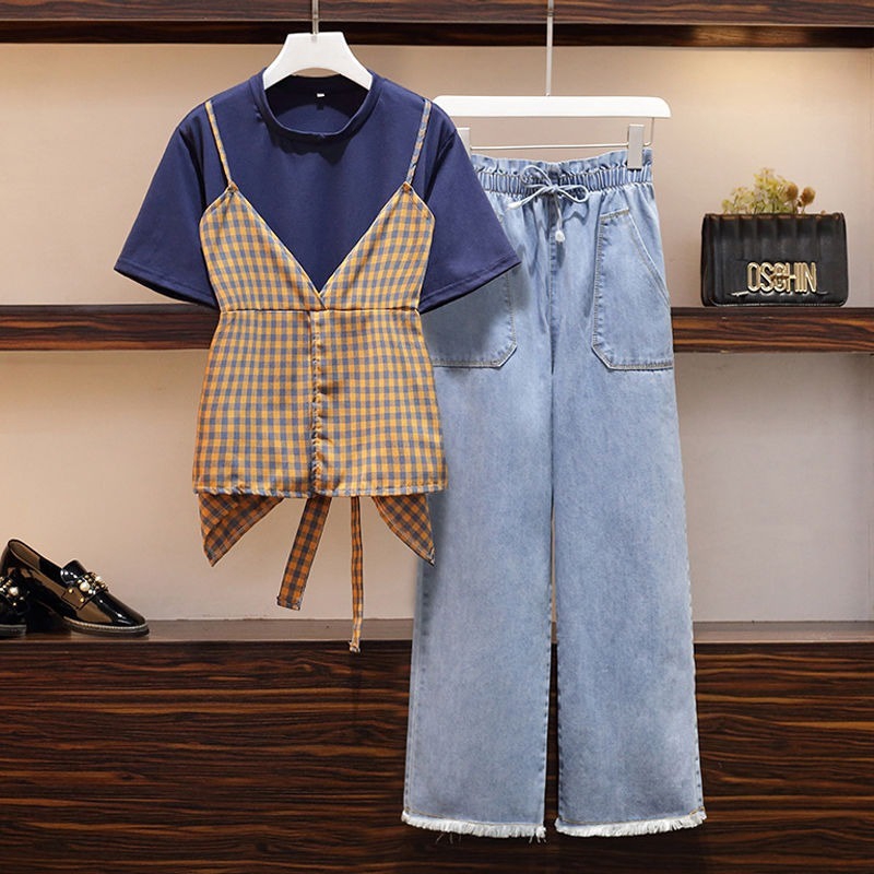 plus size two piece sets women korean style plaid blouse tops + Straight  jeans outfit ladies fashion clothing