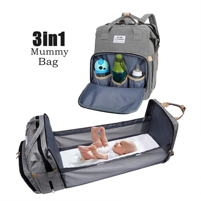 3 in 1 Diaper Bag Backpack with Changing Station Travel Bassinet Foldable Baby Bed Portable Crib Mummy Bag