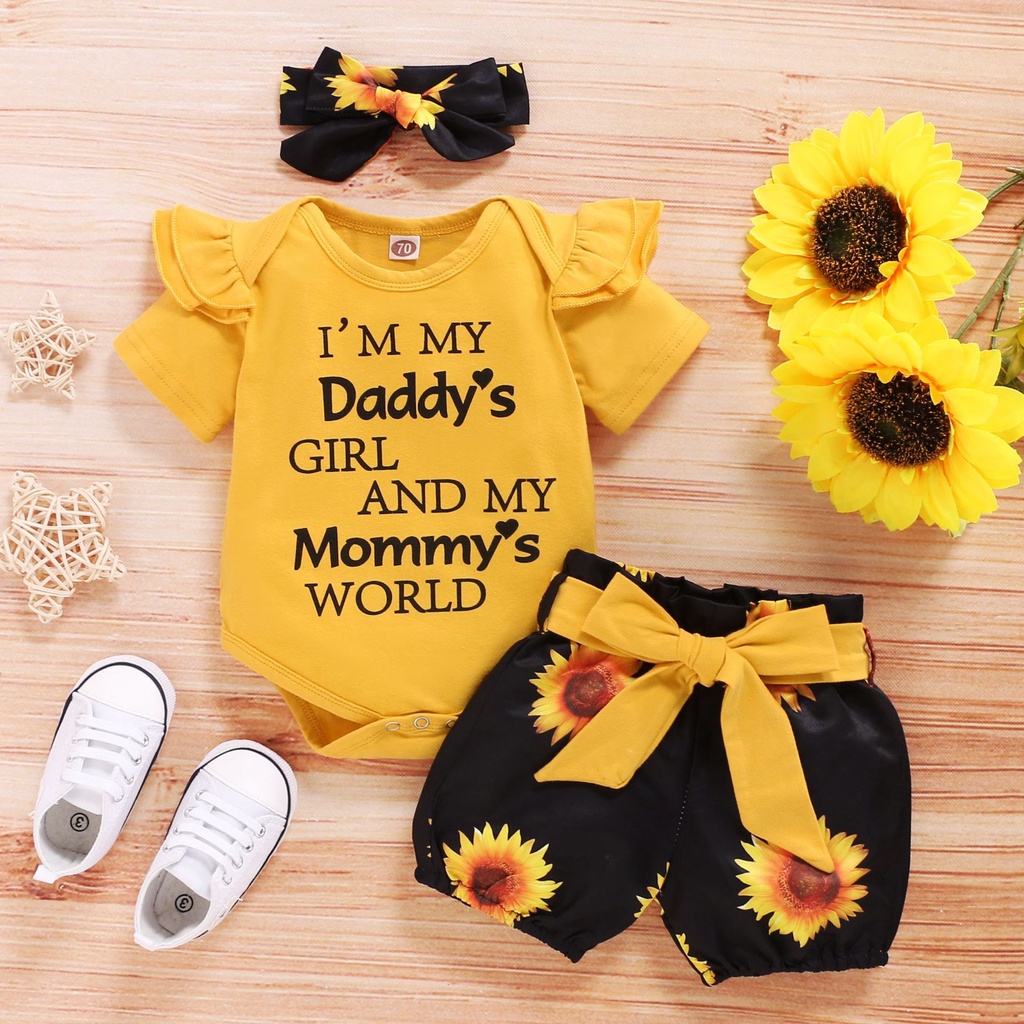 Cute Baby Short Sleeve Letter Top Sunflower Shorts Headband