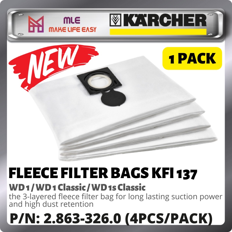 KARCHER VACUUM WD1 / WD1S FLEECE FILTER BAG (1 PACK/4 PCS) 2.863326.0