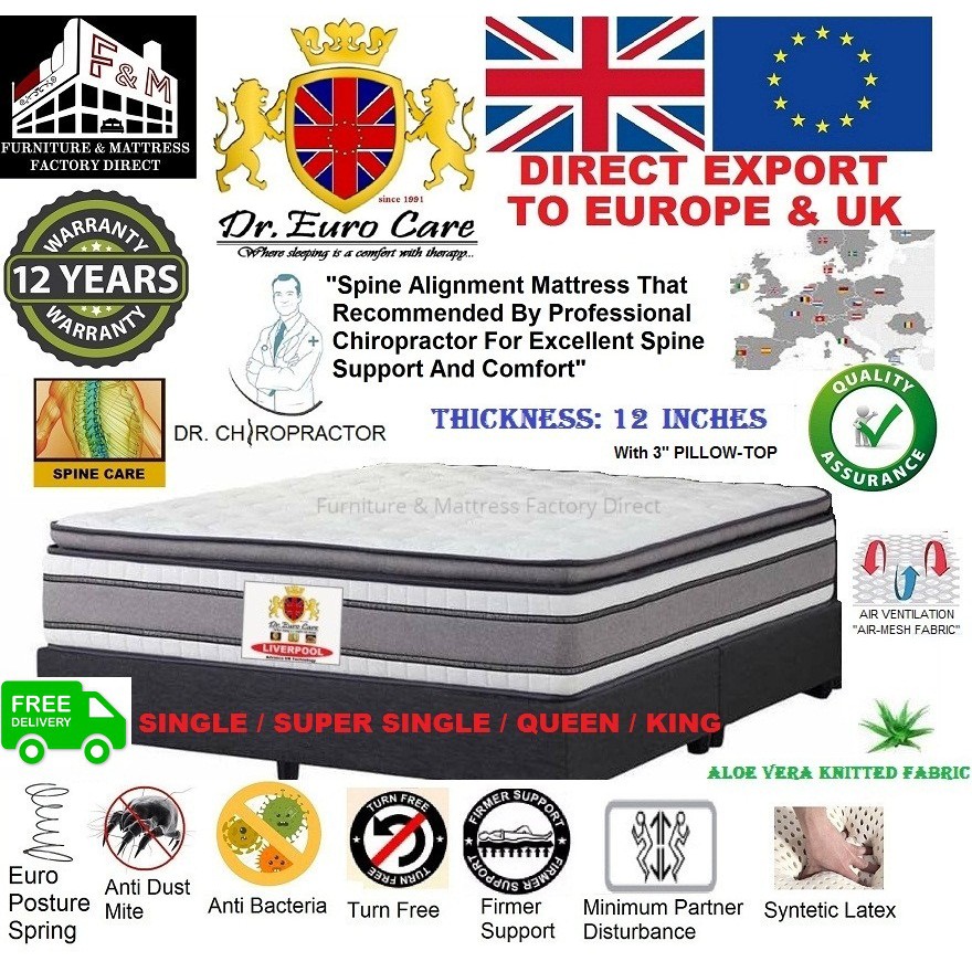 Dr. Euro Care Liverpool 12 Inch Euro Posture Spring Mattress (3 Inch Latex  Feel Pillow-Top)(12 Year