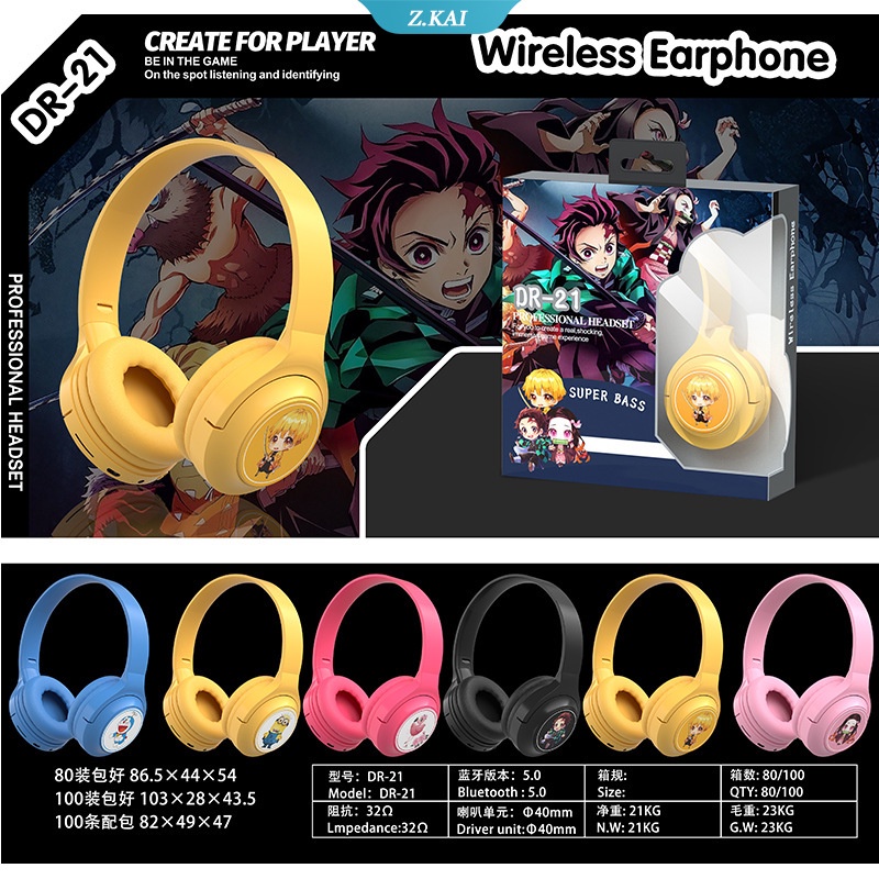HOT Japan Anime Headphone Demon Slayer Kimetsu Kamado Tanjirou Bluetooth Headset V5.0 Cosplay 2D