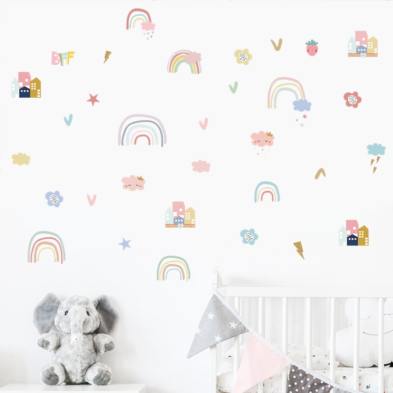 Cartoon Cute Rainbow Clouds Kids Room Wall Sticker Kindergarten Self ...