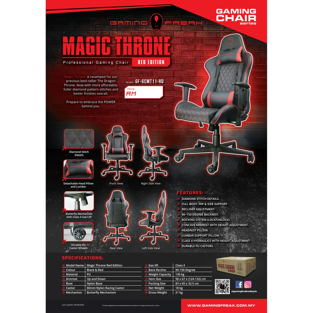 BOSTON Gaming Freak GF GCMT11 RD Magic Throne Red Edition Professional Gaming Chair Support Weight Upto 130Kg Shopee Malaysia