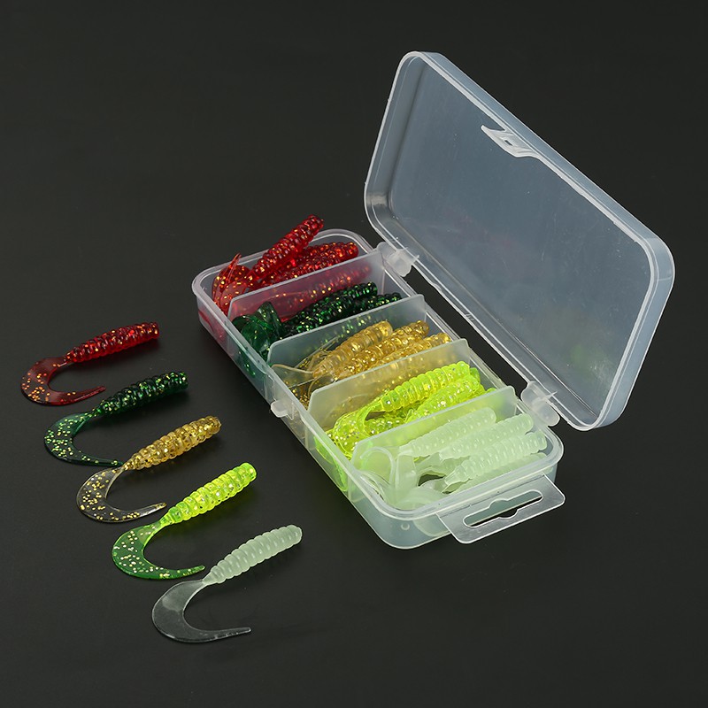 50PCS Mixed Soft Plastic Lures Fishing Curly Tail Grub Worm Tackle