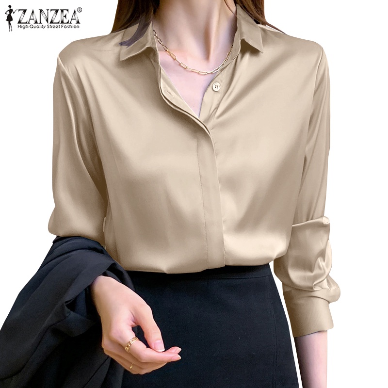 Top Quality Long Sleeves Collared Silk Shirt Women