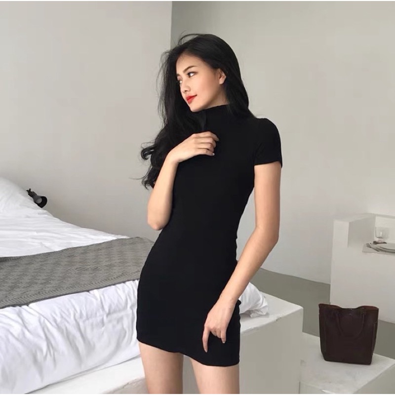 Black Dress Women Bodycon Dress Cotton Knit Turtle Neck Dress High Neck Korean Dress Short Sleeves Mini Dress Shopee Malaysia