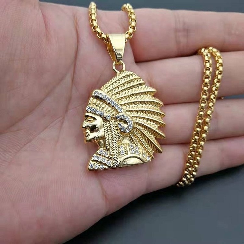 316 Stainless Steel Gold Plated Diamond Indian Chief Pendant Necklace ...