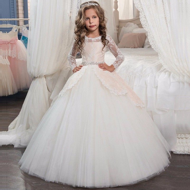 Flower Girls Long Sleeve Lace Princess Dress Girl Children Party Gaun ...