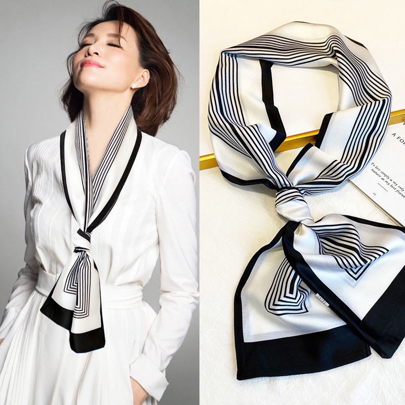 Black and white stripe small silk scarf women's long strip Korean ...