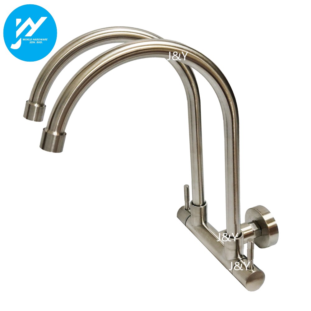 Kitchen 304 Stainless Steel Double Faucet Wall Sink Tap Premium Quality