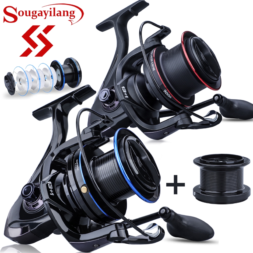 Sougayilang 13+1BB Long Shot Spinning Fishing Reel 8000-10000 Big Metal  Carp Fishing Reel With Spare Spool Reel Memancing