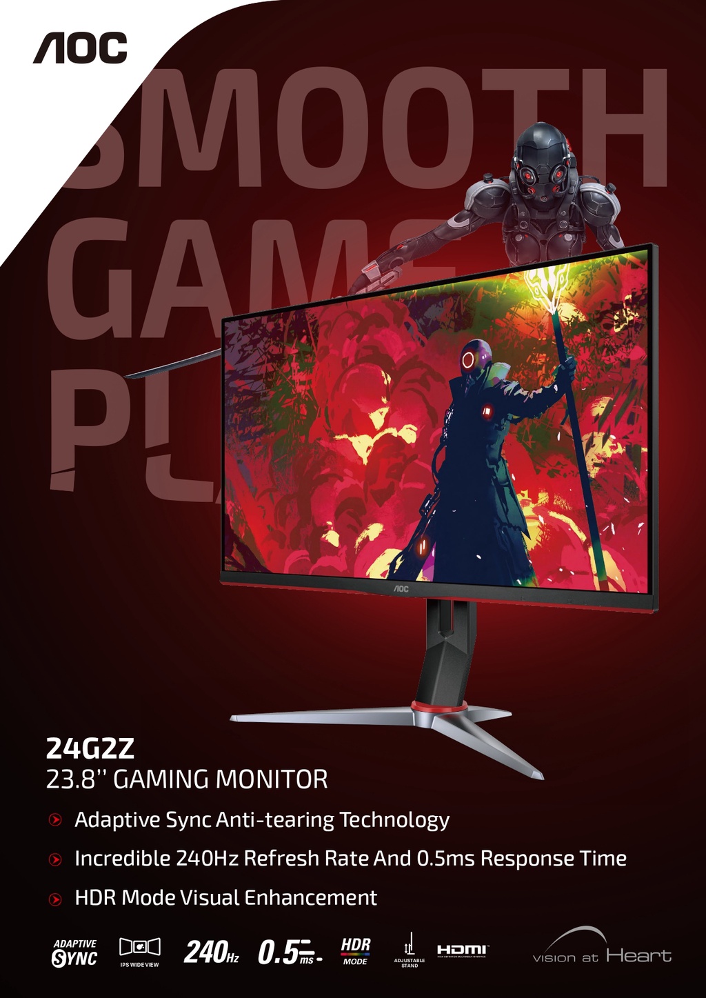 AOC Gaming 24G2Z - 24 Inch FHD Monitor, (1920x1080 @ 240 Hz, USB 3.0), IPS,  0.5ms Response Time, AMD G-SYNC Compatible, Height Adjust, USB Hub (Black