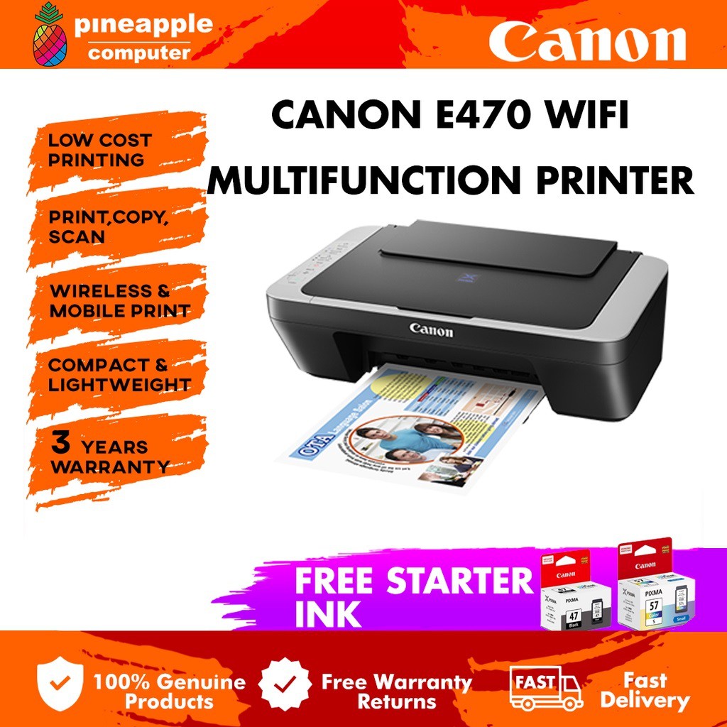 Canon E470 Ink Efficient All-In-One Wireless Printer Black Green White ...