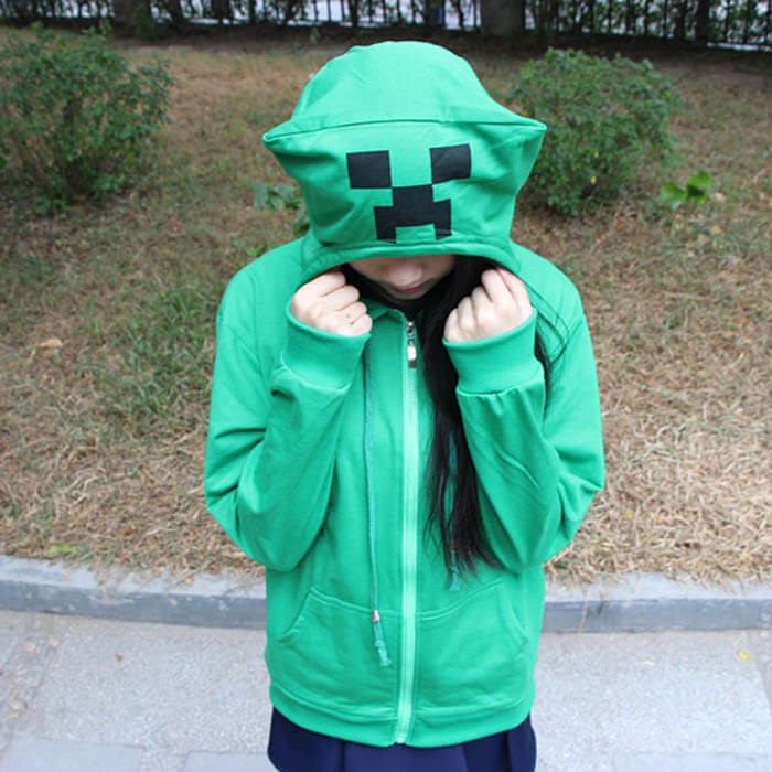 Game Minecraft Creeper Casual Green Cosplay Zip Up Hooded Hoodie Jacket