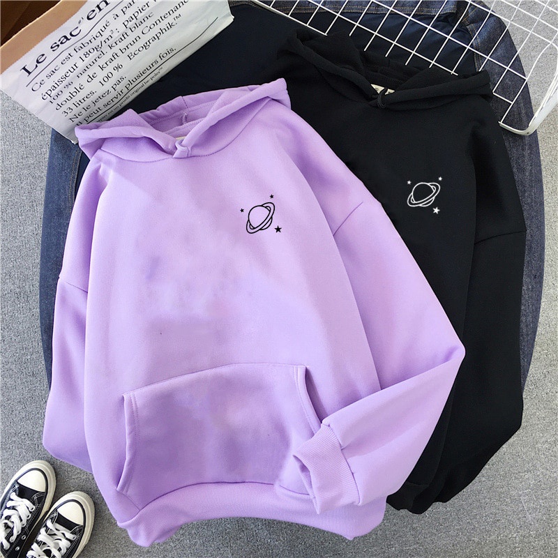 M-3XL Women's Cute Universe Saturn Printing Velvet Hooded Sweatshirts ...