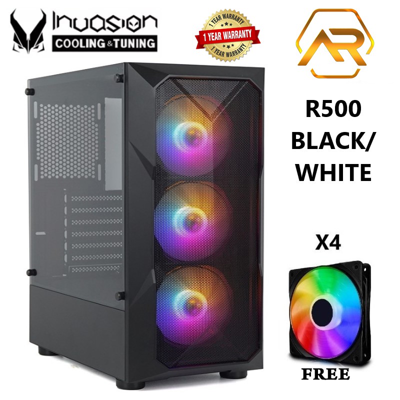 INVASION R500 ATX Mid-Tower Gaming Casing with 4 ARGB Fan (Black/White ...