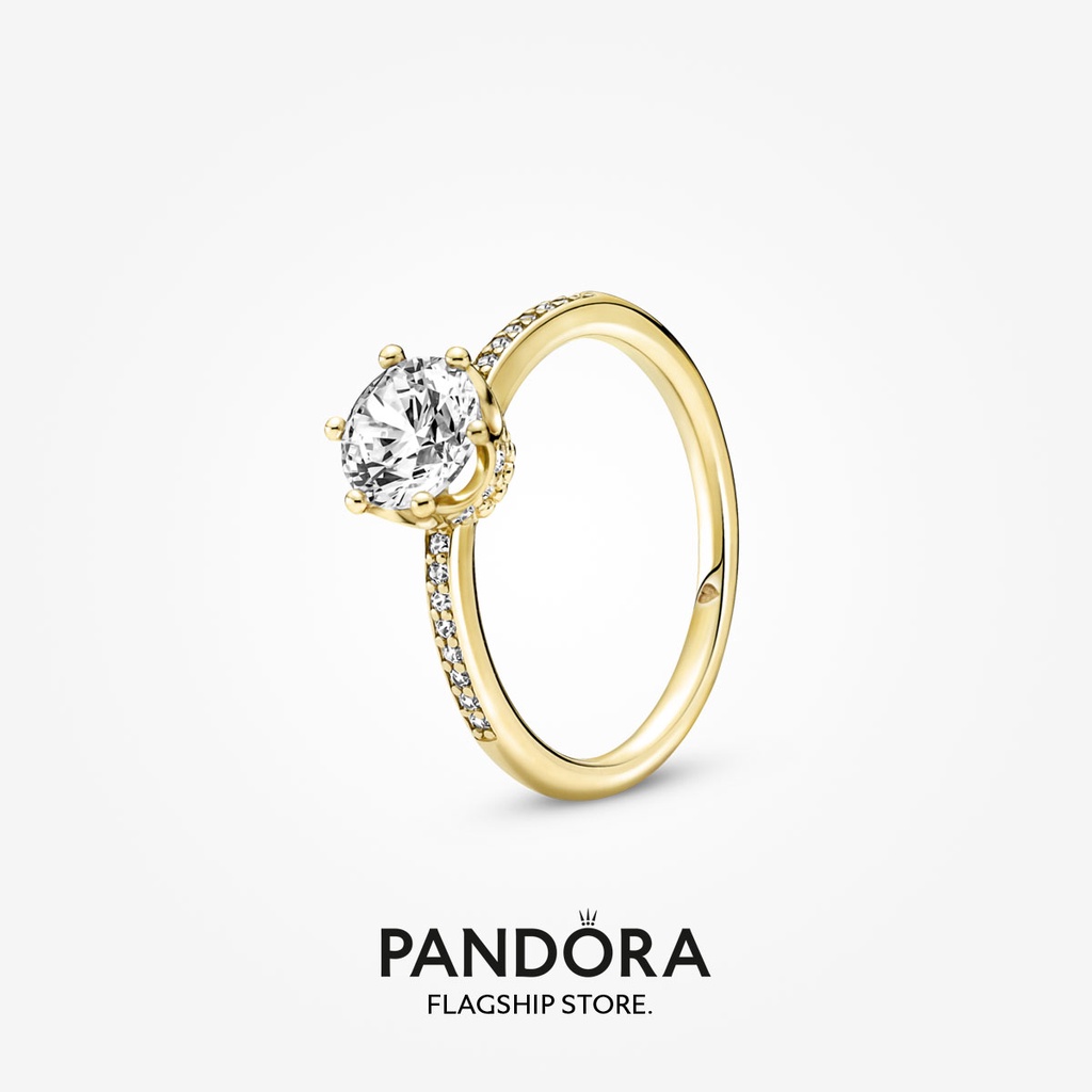 Pandora 14k Gold Plated Clear Sparkling Crown Solitaire Ring Shopee Malaysia