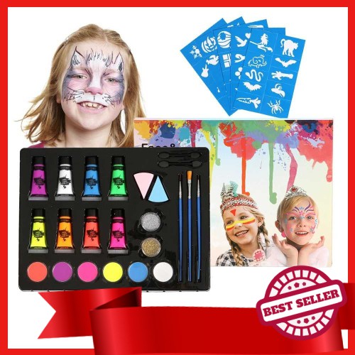 Professional Face Paint Kit Makeup Palette 50 Stencils 6 Facepaints 8