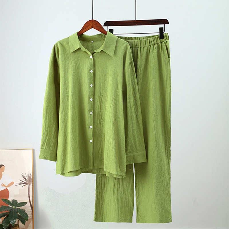 Green Aesthetic Linen Pants | Summer Long Sleeve Shirt Trousers Outfit  2-piece Set