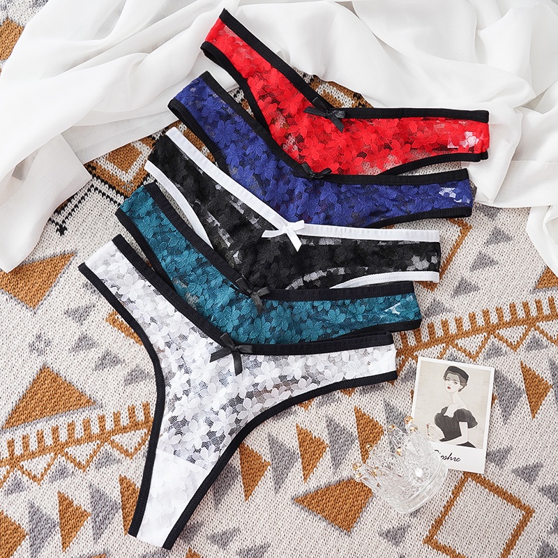 Womens Underwear Sexy Thong Women Panty GString Transparent Lace Panties Hemming Printed Low