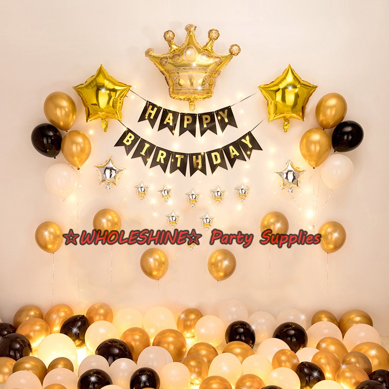 56pcs/set Black Gold Happy Birthday Balloons Set Golden Crown Wedding ...