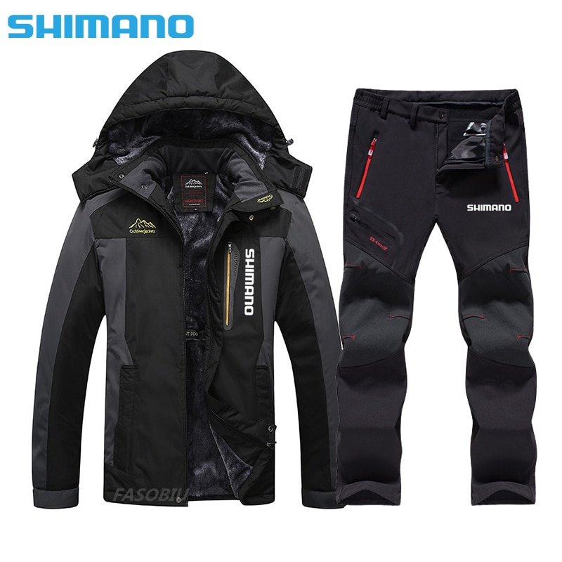 New Shimano Plus Velvet Fishing Suit Windproof Waterproof Thicken Warm  Winter Clothings Men Fishing Jacket and Pants Set