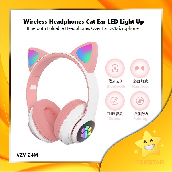 Wireless Headphones VZV24m Cat Ear LED Light Up Bluetooth Foldable