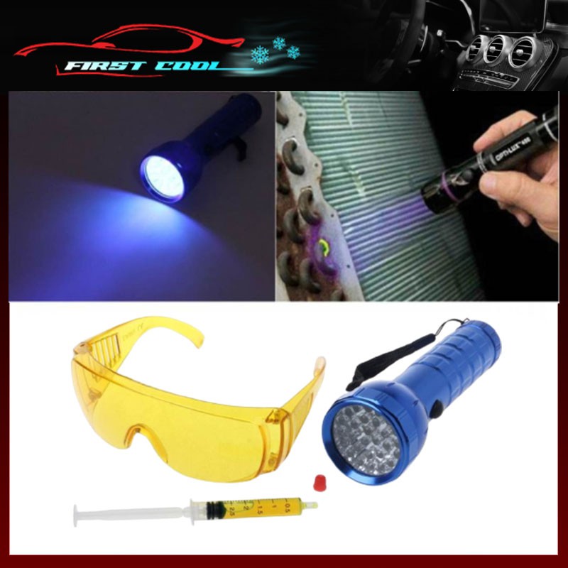 Car Air Conditioning LED Flashlight Safety Goggles UV Dye Leak Detector