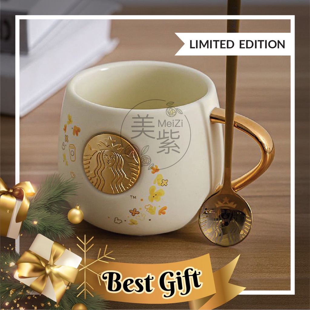 2020 New Starbucks Golden Handle Ceramic Mug Yellowish 星巴克黄金咖啡杯 Cawan
