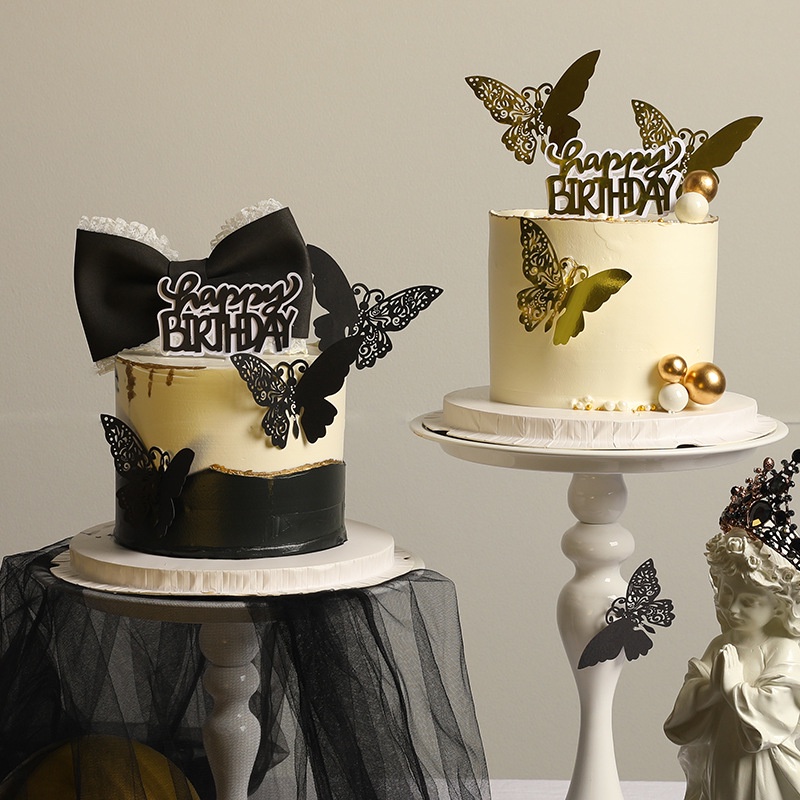 Happy Birthday Letters Cake Topper Butterfly Luxury Black Gold ...