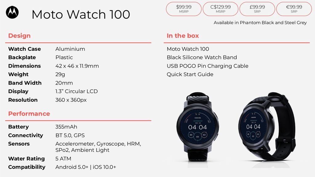 Moto Watch 100 1.3" Smart Watch GPS Fitness Tracker Google Fit 5ATM Rating Heart Rate SpO2