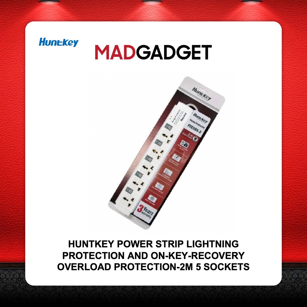 HUNTKEY POWER STRIP LIGHTNING PROTECTION AND ONKEYRECOVERY OVERLOAD PROTECTION2M 5 SOCKETS