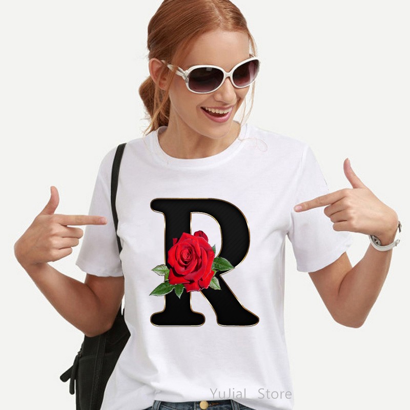 Rose Flower Alphabet R Print Women Tshirts Vogue Funny T Shirt Femme