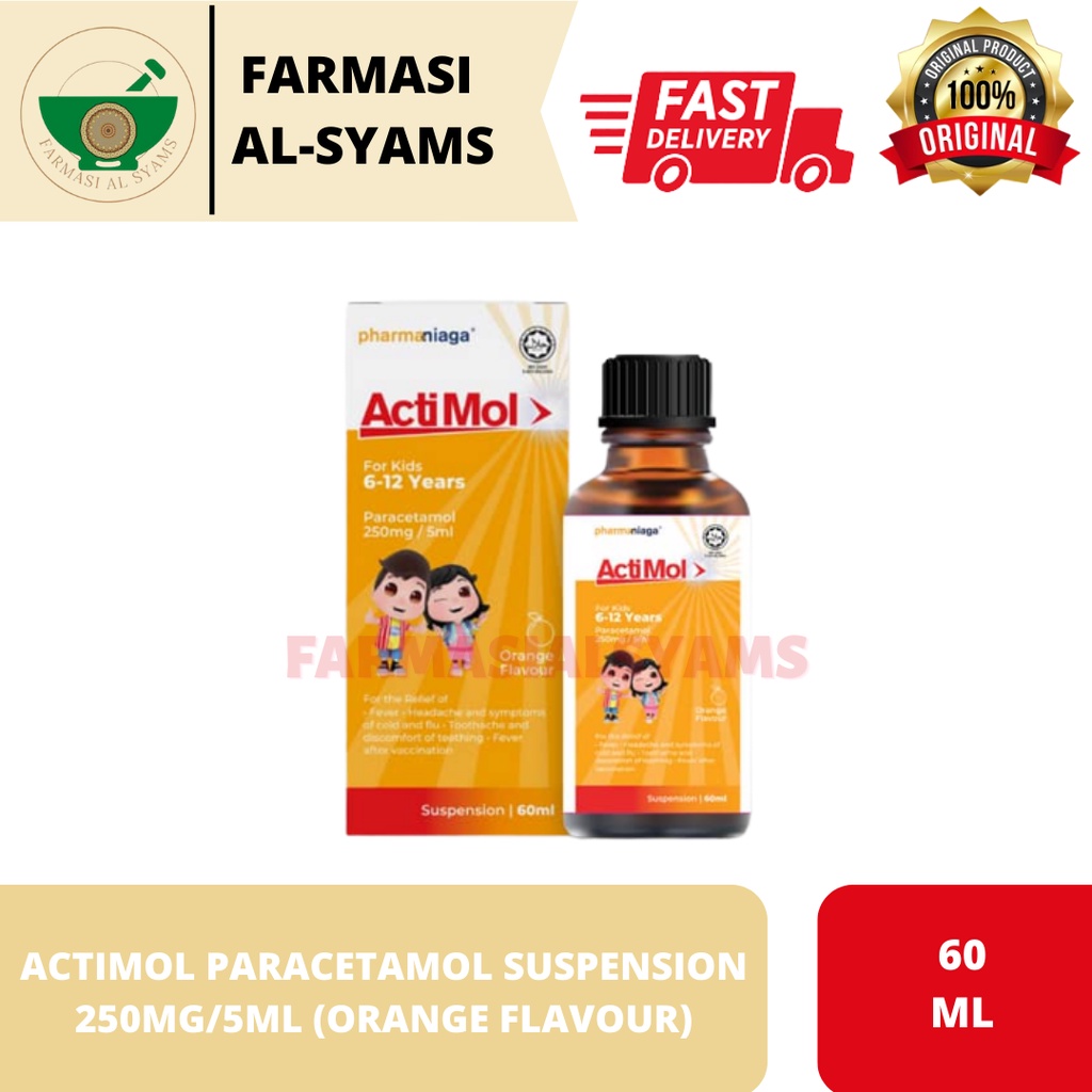 ACTIMOL PARACETAMOL SUSPENSION FOR KIDS 250MG/5ML (ORANGE FLAVOUR) 60ML ...