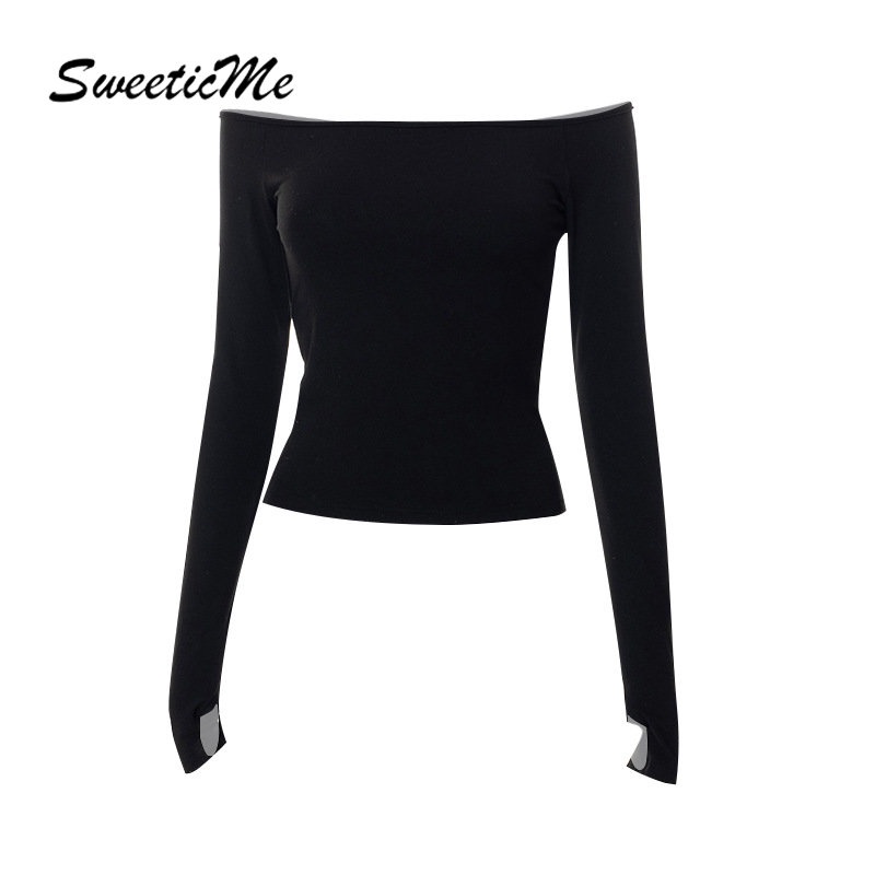 Sweeticme Womens T Shirt 2022 New Casual Fashion Sexy Slim Fit Long Sleeve Solid Color Off 3160